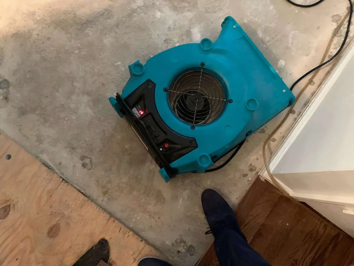 Air mover drying subfloor during Commercial Water Damage Restoration in Fairmont